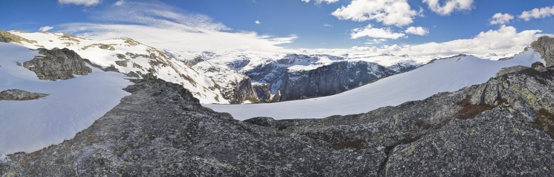 Scenic panorama of snowy landscape near Trolltunga in Norway