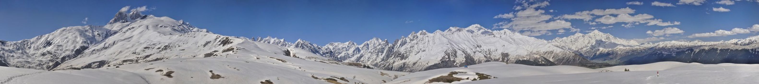 Scenic panorama of Caucasus mountains covered in snow, Svaneti, Georgia