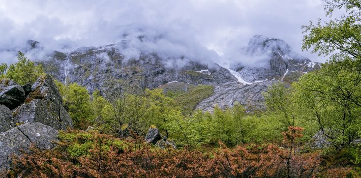 Scenic panorama of lake on cloudy day in Norway