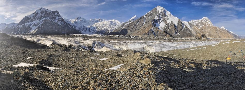 Scenic panorama of Engilchek glacier in picturesque Tian Shan mountain range in Kyrgyzstan