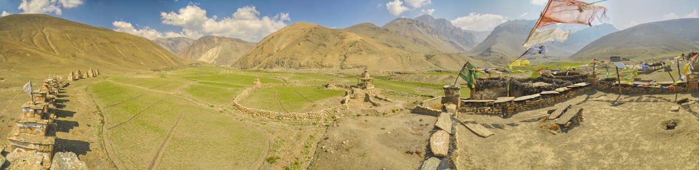 Scenic panorama of an old village in valley in Dolpo region in Nepal