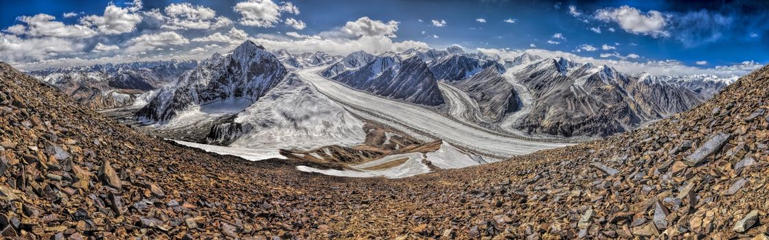 Scenic panorama of Fedchenko glacier in Pamir mountains in Tajikistan