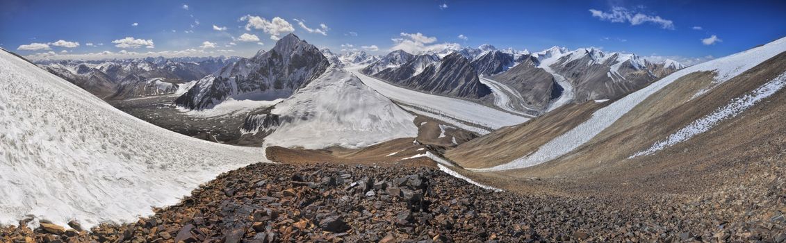Scenic panorama of glacier in Pamir mountains in Tajikistan
