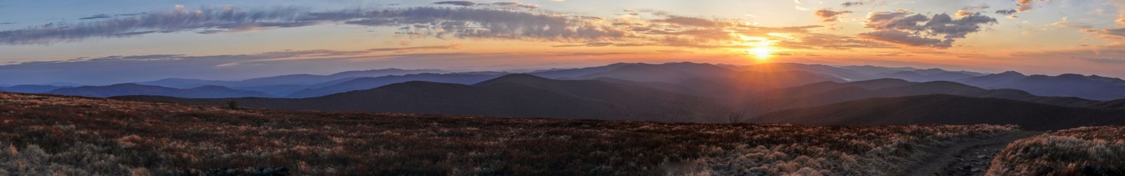 Scenic panorama of sunset over Ukrainian landscape from borders with Slovakia