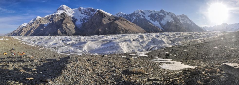 Scenic panorama of Engilchek glacier in picturesque Tian Shan mountain range in Kyrgyzstan