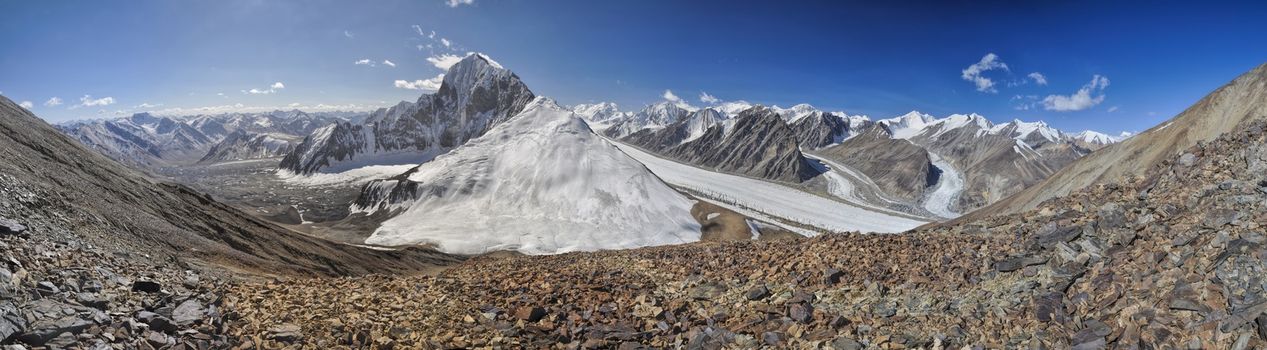 Scenic panorama of glacier in Pamir mountains in Tajikistan