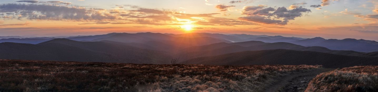 Scenic panorama of sunset over Ukrainian landscape from borders with Slovakia