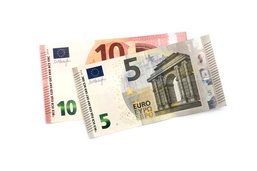 five and ten euros on a white background