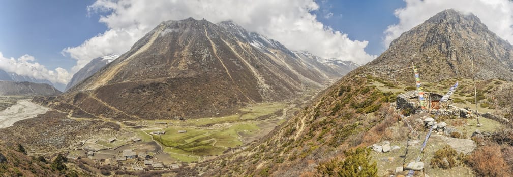 Scenic panorama of deep valley in Nepal on Kanchenjunga trek