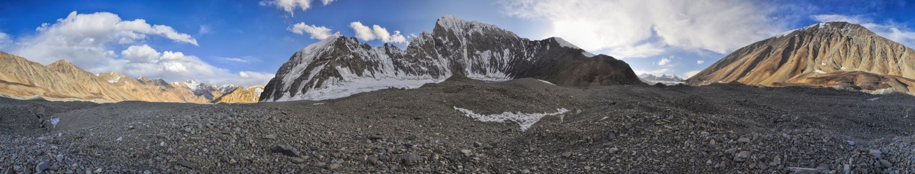 Scenic panorama of cold arid landscape in Tajikistan on sunny day