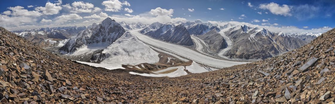 Scenic panorama of Fedchenko glacier in Pamir mountains in Tajikistan