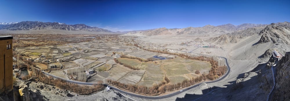 Scenic panoramic view from the Thiksey monastery complex in Ladakh, India