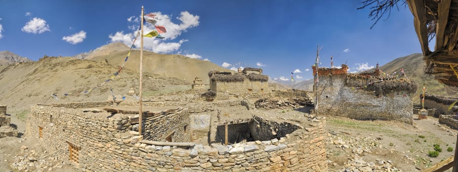 Scenic panorama of an old village in valley in Dolpo region in Nepal