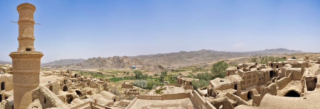 Scenic panorama of old houses in village of Kharanaq in Iran