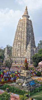 Beatifully decorated tower of buddhist Mahabodhi Temple complex in Bihar, India