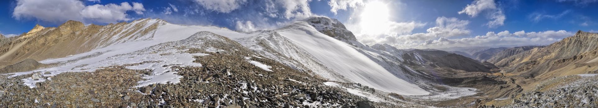 Scenic panorama of cold mountainous landscape of Pamir mountain range  in Tajikistan