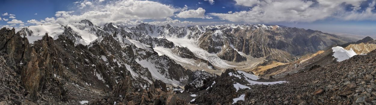 Scenic panorama of Ala Archa national park in Tian Shan mountain range in Kyrgyzstan