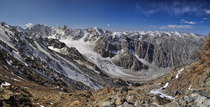 Scenic panorama of glacier in Ala Archa national park in Tian Shan mountain range in Kyrgyzstan