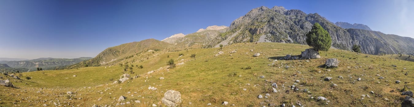 Scenic panorama of picturesque mountain range in Kyrgyzstan