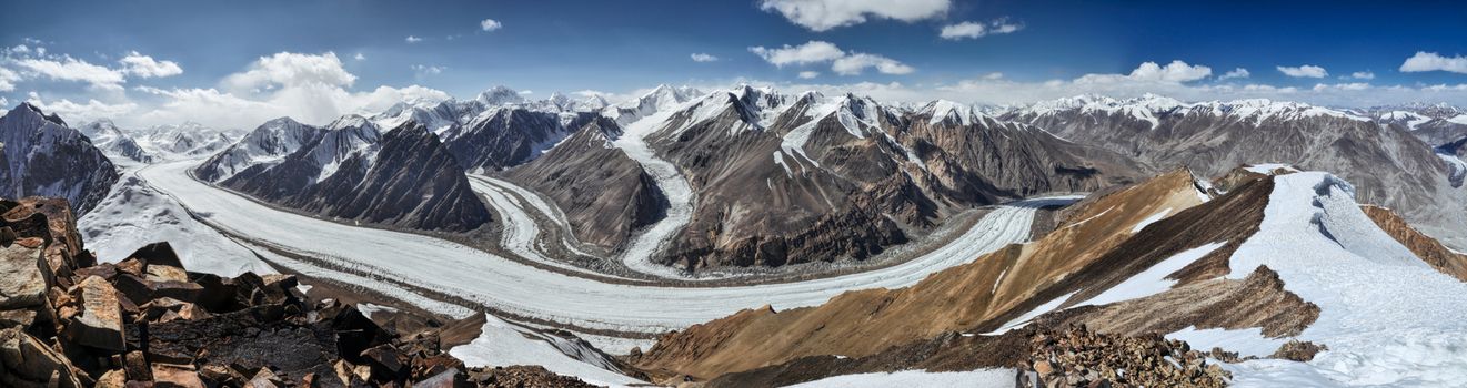 Scenic panorama of Fedchenko glacier in Pamir mountains in Tajikistan