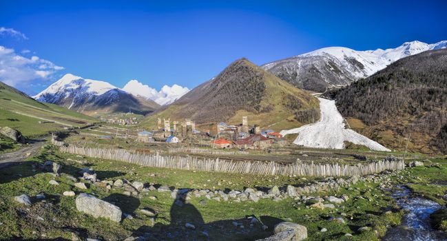 Small town in Georgia, Svaneti with traditional stone towers, symbol of the region