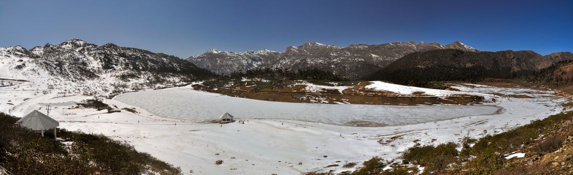 Scenic panorama of frozen lake in Arunachal Pradesh region, India