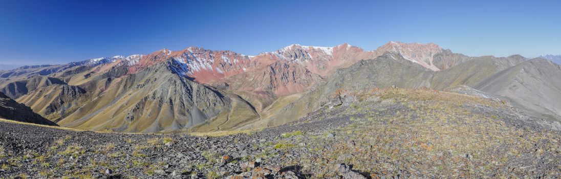 Scenic panorama of highest mountain peaks in Ala Archa national park in Tian Shan mountain range in Kyrgyzstan