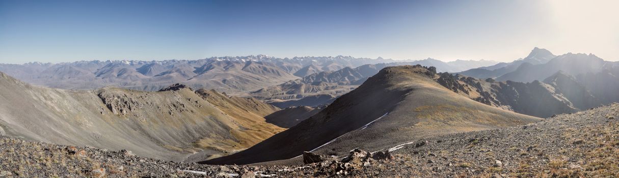 Scenic panorama of highest mountain peaks in Ala Archa national park in Tian Shan mountain range in Kyrgyzstan
