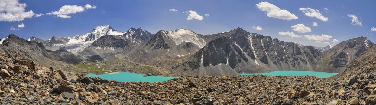 Scenic panorama of picturesque turquoise lakes in Tien-Shan mountains in Kyrgyzstan