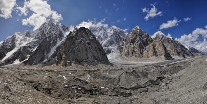 Scenic panorama of Engilchek glacier in picturesque Tian Shan mountain range in Kyrgyzstan