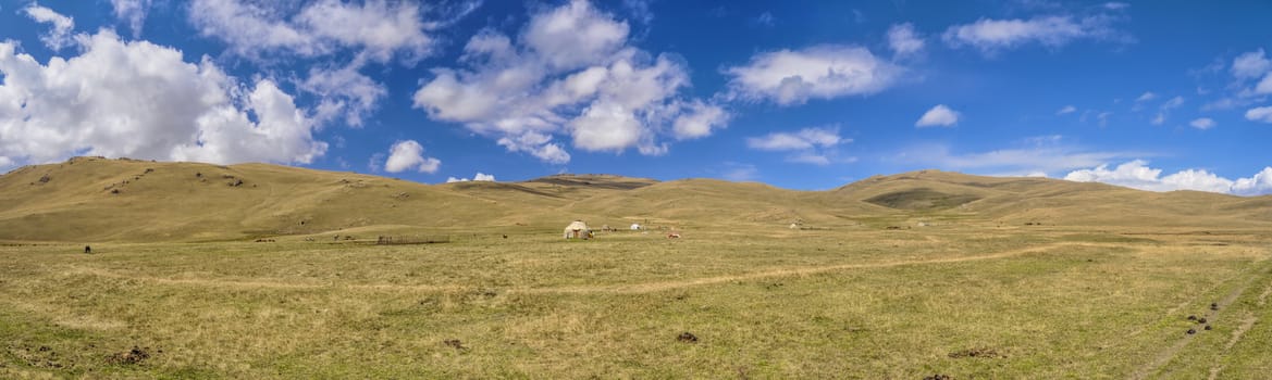 Scenic panorama of green grasslands in Kyrgyzstan with traditional nomadic yurt