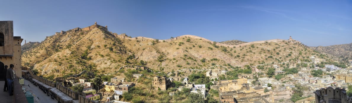 Panoramic view of Amer Palace standing on a hilltop in Rajasthan, India