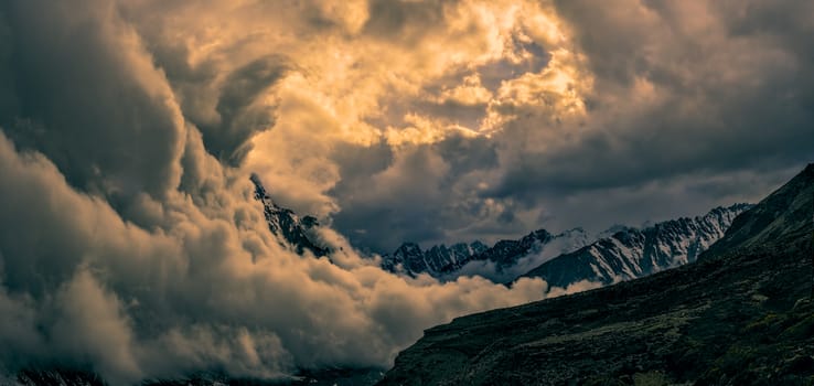 Scenic panorama valley in Himalayas near Kanchenjunga in Nepal