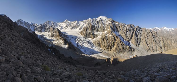 Scenic view of glacier in Ala Archa national park in Tian Shan mountain range in Kyrgyzstan