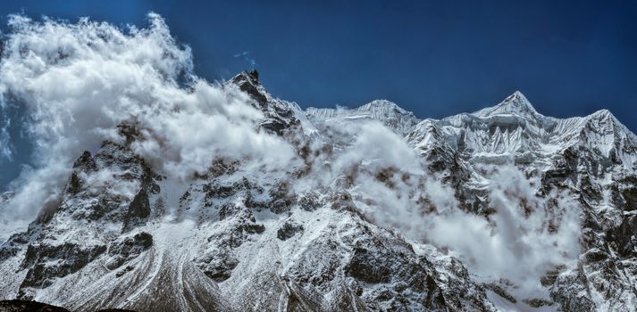 Scenic panorama of majestic mountain wall of Kanchenjunga in Himalayas, Nepal