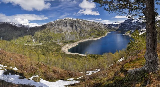 Scenic panorama of snowy landscape near Trolltunga in Norway