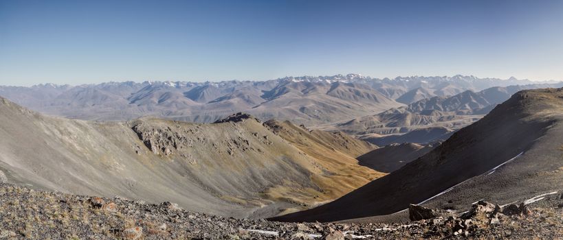 Scenic panorama of highest mountain peaks in Ala Archa national park in Tian Shan mountain range in Kyrgyzstan