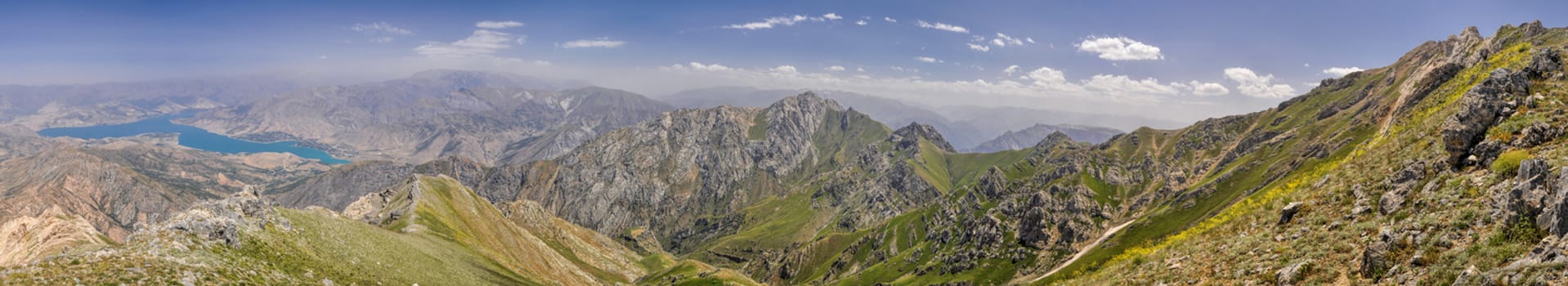 Scenic panorama of mountainous landscape of Tian Shan mountain range near Chimgan  in Uzbekistan