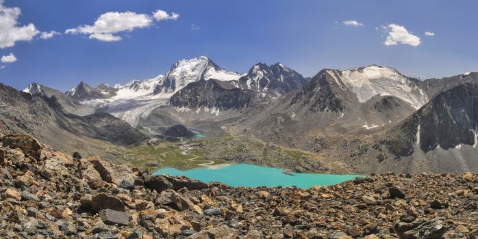 Scenic panorama of picturesque turquoise lakes in Tien-Shan mountains in Kyrgyzstan