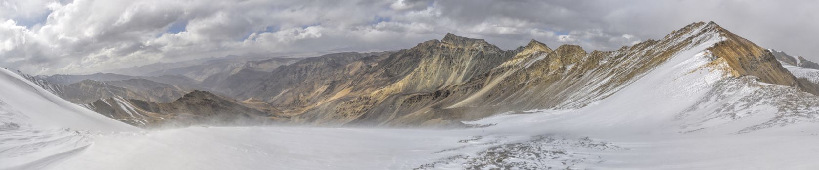 Scenic panorama of cold mountainous landscape of Pamir mountain range  in Tajikistan