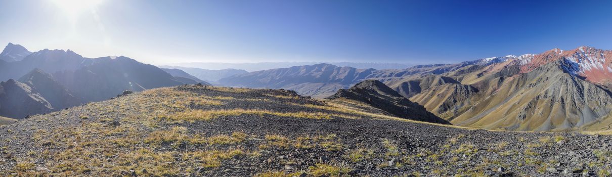 Scenic panorama of highest mountain peaks in Ala Archa national park in Tian Shan mountain range in Kyrgyzstan