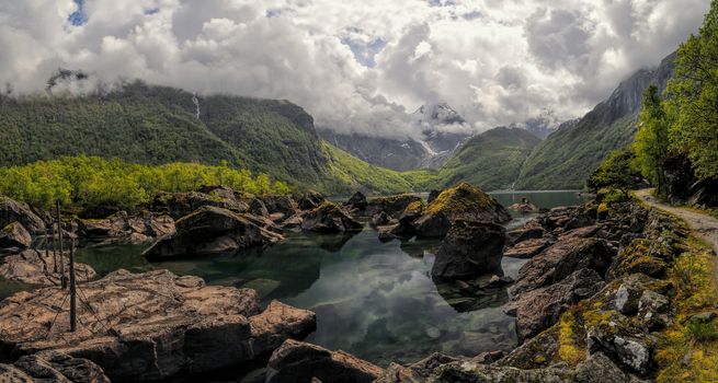 Scenic panorama of lake on cloudy day in Norway