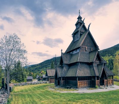 Gol Stave Church in Norway on cloudy day