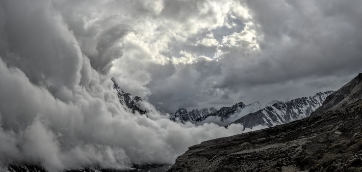 Scenic panorama valley in Himalayas near Kanchenjunga in Nepal