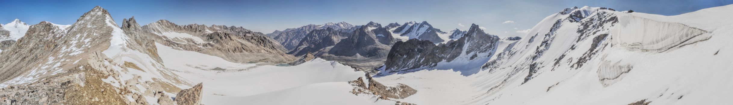 Scenic panorama of highest mountain peaks in Ala Archa national park in Tian Shan mountain range in Kyrgyzstan