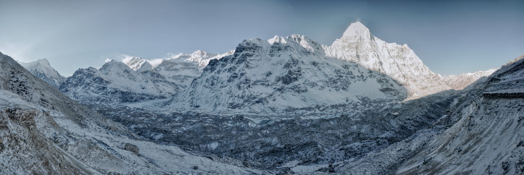 Scenic panorama of glacier in Himalayas near Kanchenjunga in Nepal