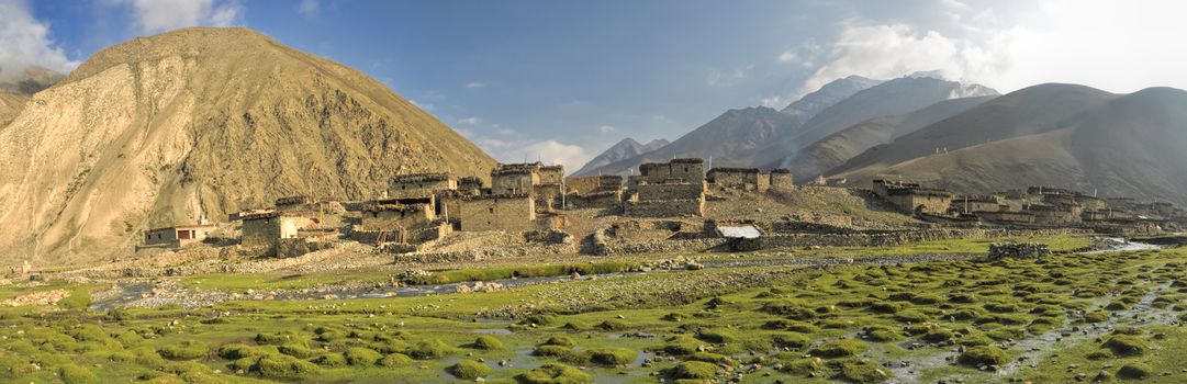 Scenic panorama of an old village in valley in Dolpo region in Nepal