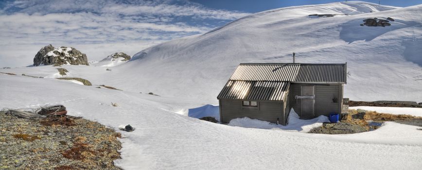 Scenic panorama of snowy landscape near Trolltunga in Norway