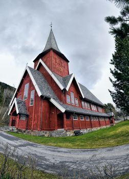 Hul church in Norway on cloudy day