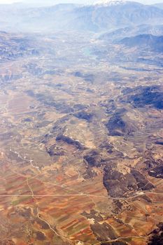 Aerial view of Spain with fields and mountains